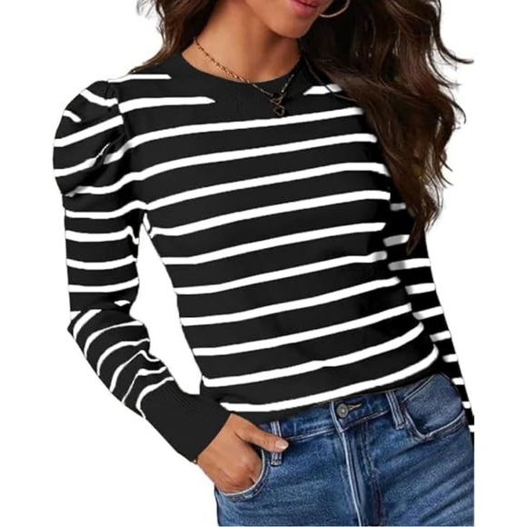 ZESICA Striped Puff Long Sleeve Sz M Fall Crewneck Ribbed Knit Casual Pullover - Picture 3 of 7